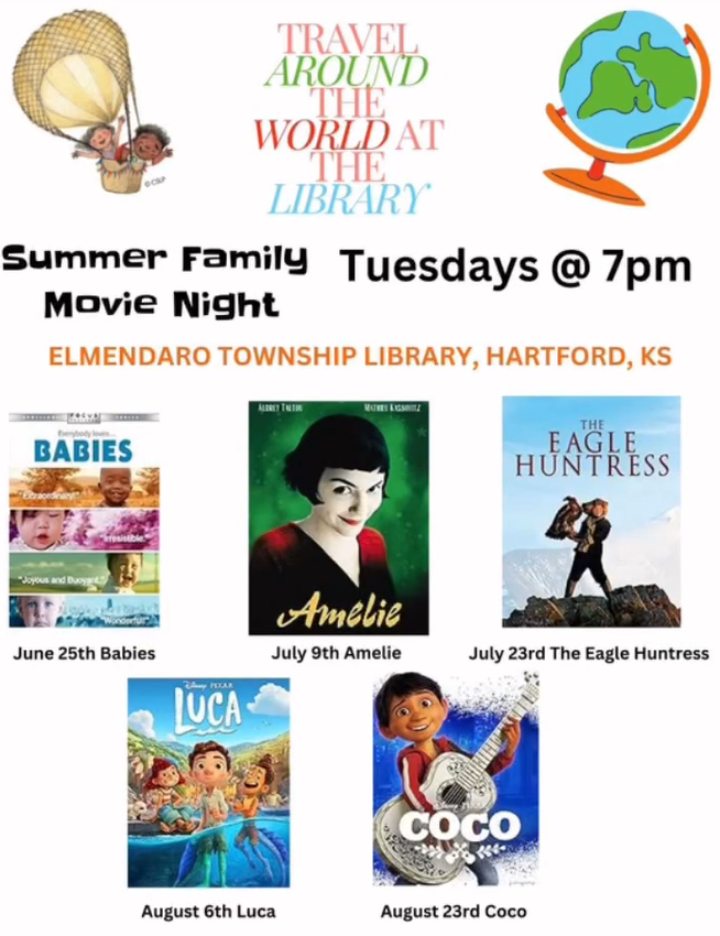 Summer Reading family movie nights June 25, July 9, July 23, Aug 6, & Aug 23